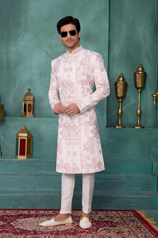 Trendy Off-White Art Silk Readymade Sherwani for Men with Thread Work