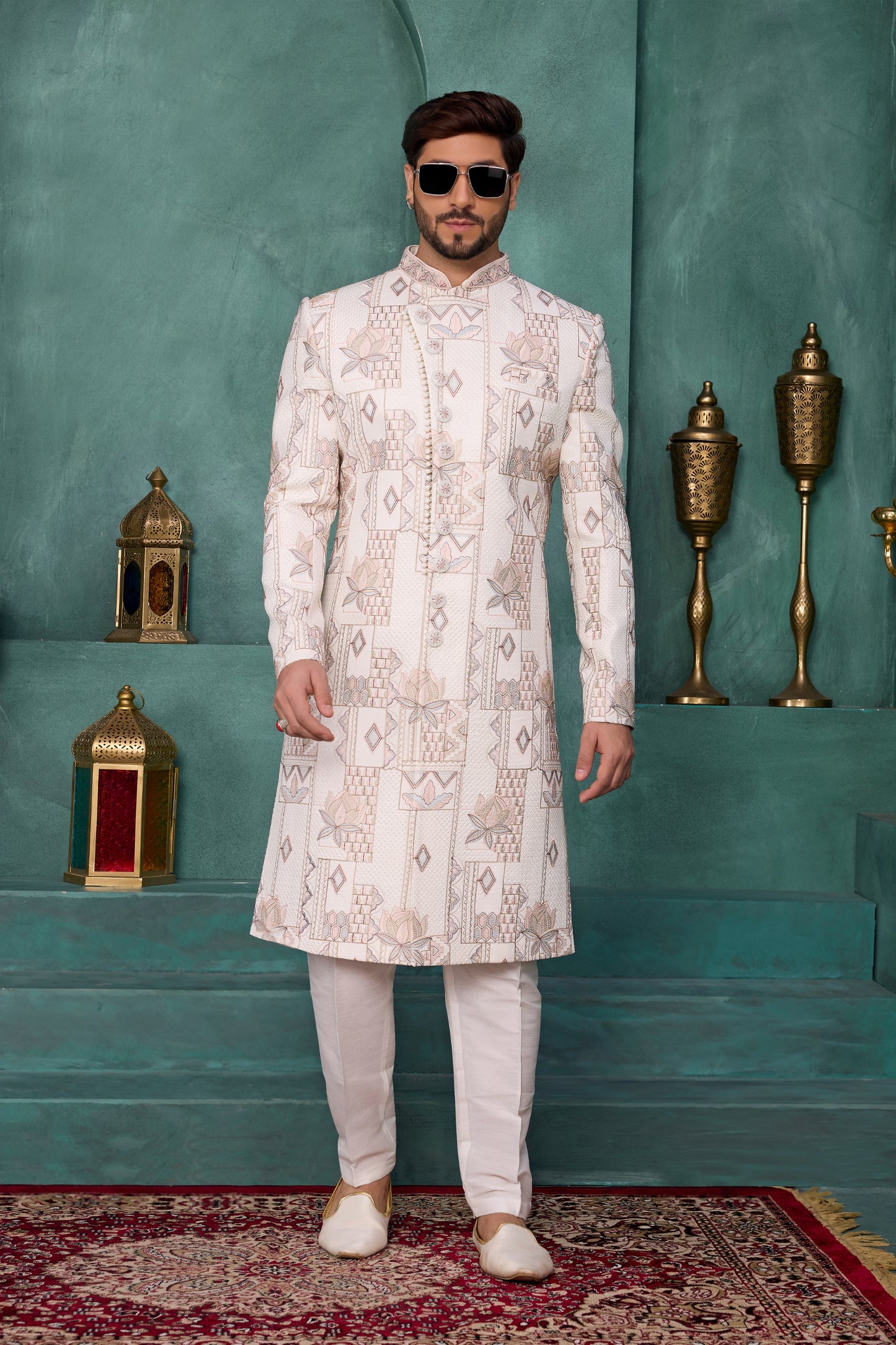 Modern Off-White Art Silk Readymade Sherwani for Men with Thread Work
