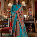 Teal Orange Ajrakh Print Silk Saree Traditional Festive Wear