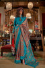 Teal Orange Ajrakh Print Silk Saree Traditional Festive Wear