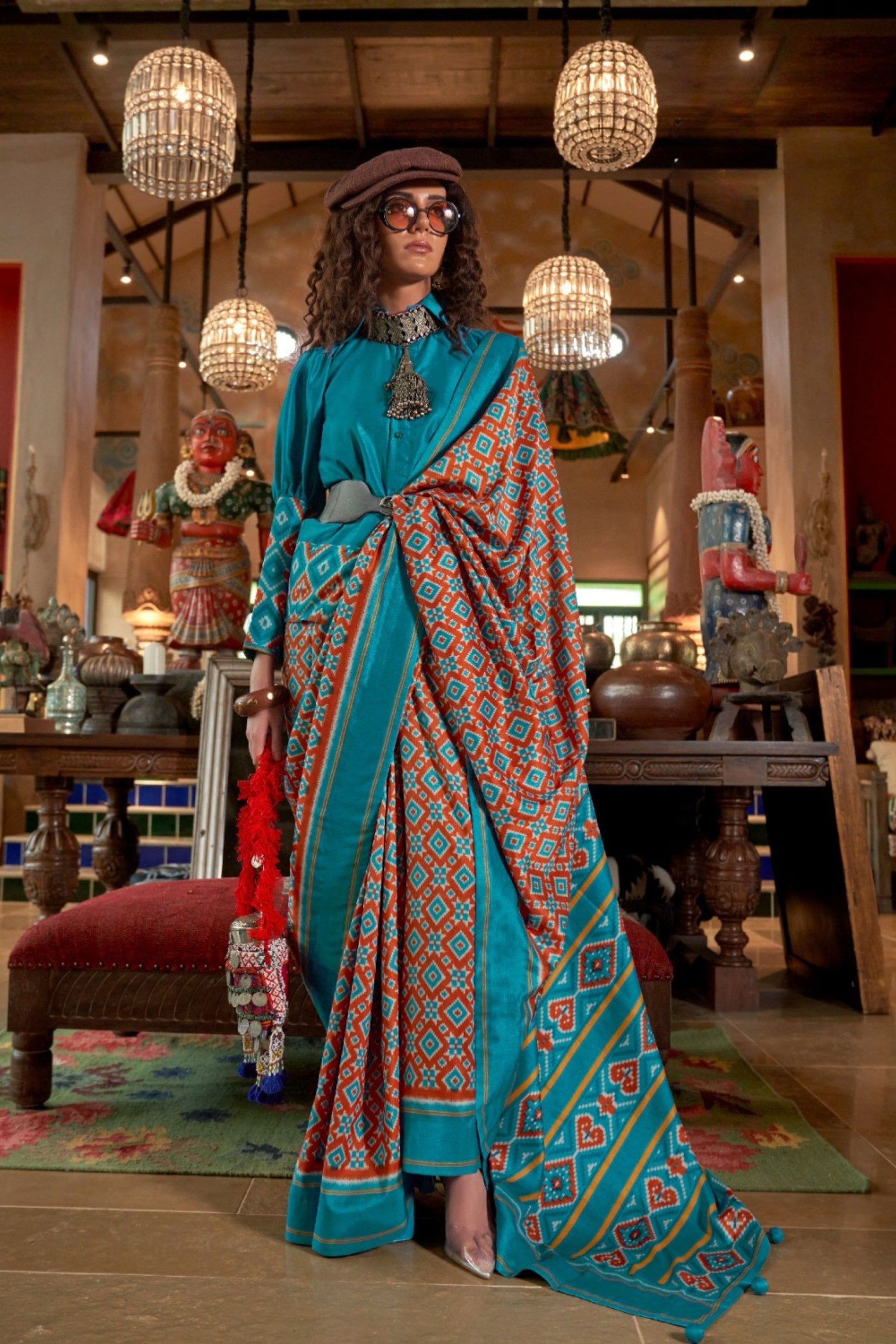 Teal Orange Ajrakh Print Silk Saree Traditional Festive Wear