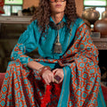 Teal Orange Ajrakh Print Silk Saree Traditional Festive Wear