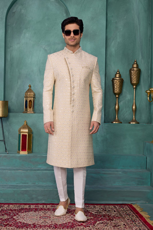 Charming Cream and Off-White Art Silk Readymade Sherwani for Men with Thread Work