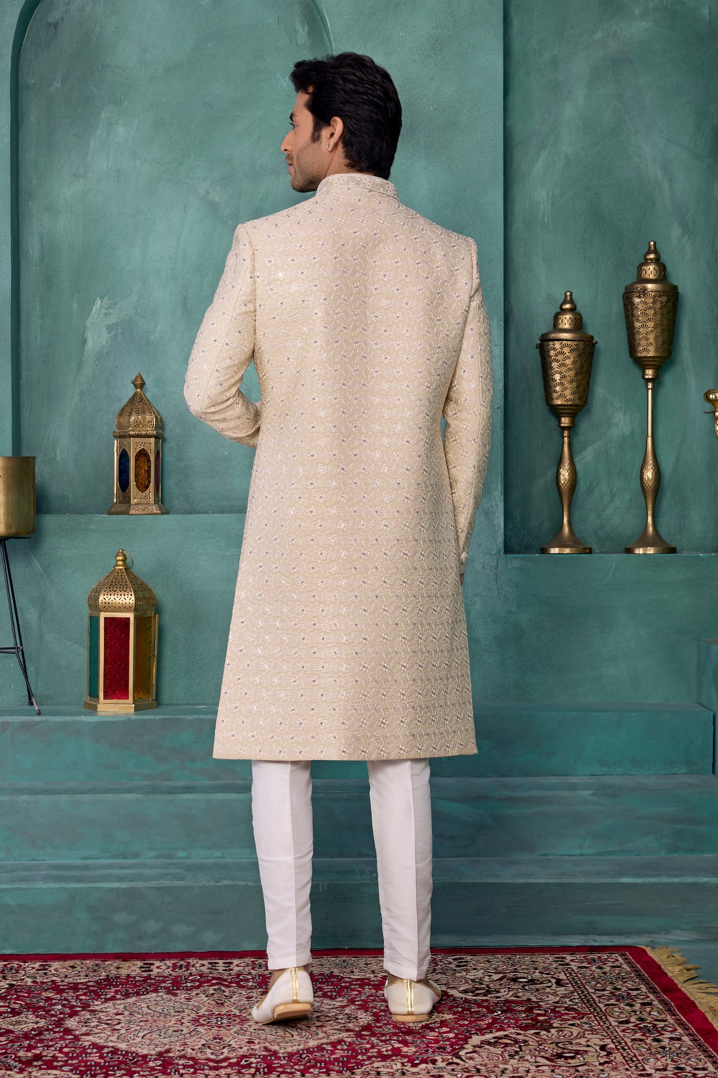 Charming Cream and Off-White Art Silk Readymade Sherwani for Men with Thread Work