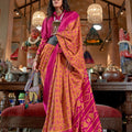 Designer Pink Mustard Patola Silk Saree with Traditional Ikat Weave