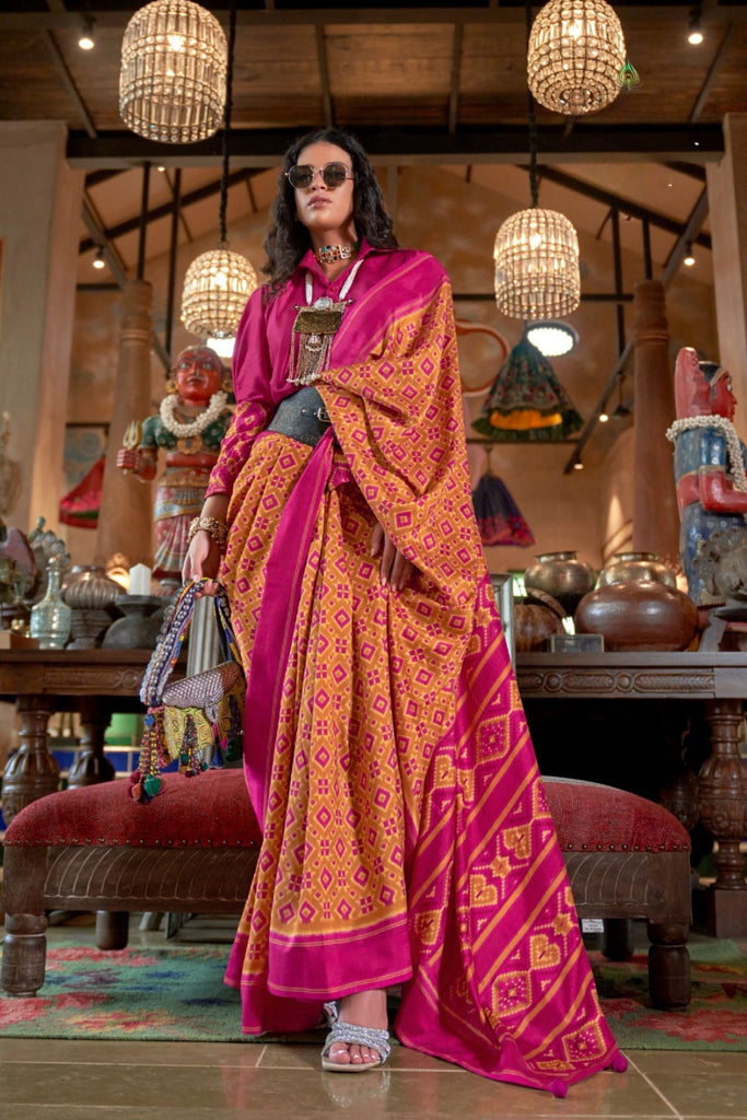 Designer Pink Mustard Patola Silk Saree with Traditional Ikat Weave