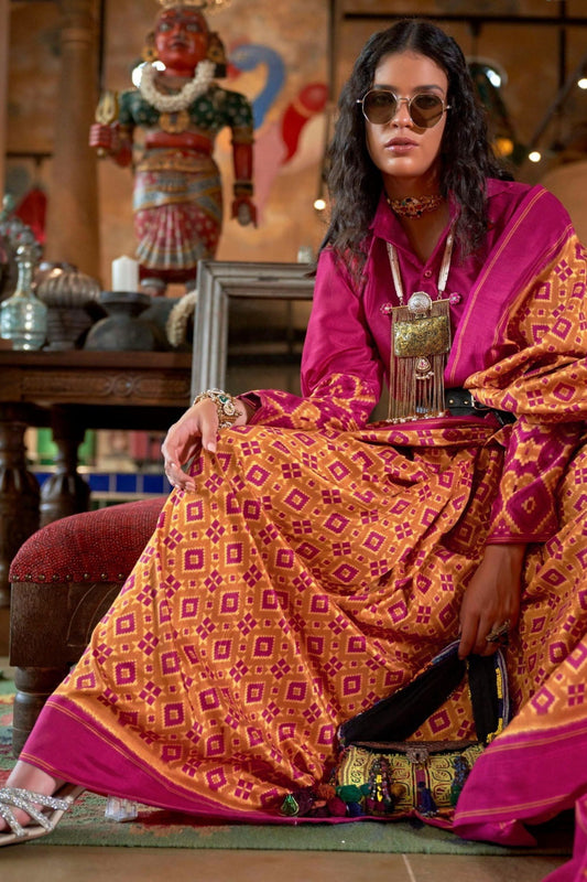 Designer Pink Mustard Patola Silk Saree with Traditional Ikat Weave