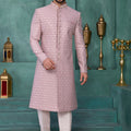 Handsome Pink and Off-White Art Silk Readymade Sherwani for Men with Thread Work