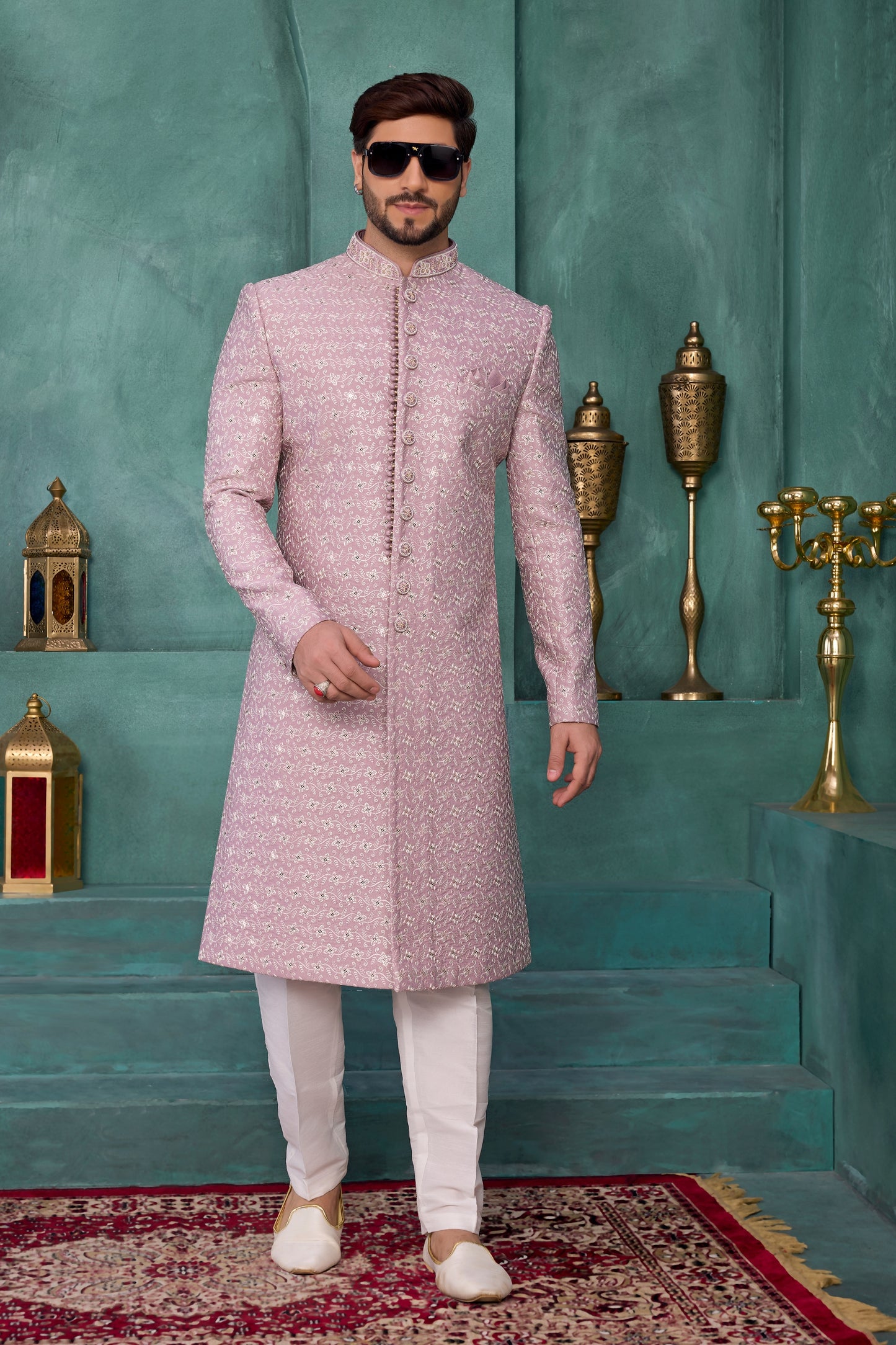 Handsome Pink and Off-White Art Silk Readymade Sherwani for Men with Thread Work