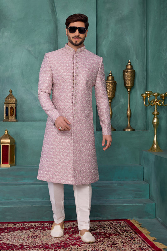 Handsome Pink and Off-White Art Silk Readymade Sherwani for Men with Thread Work
