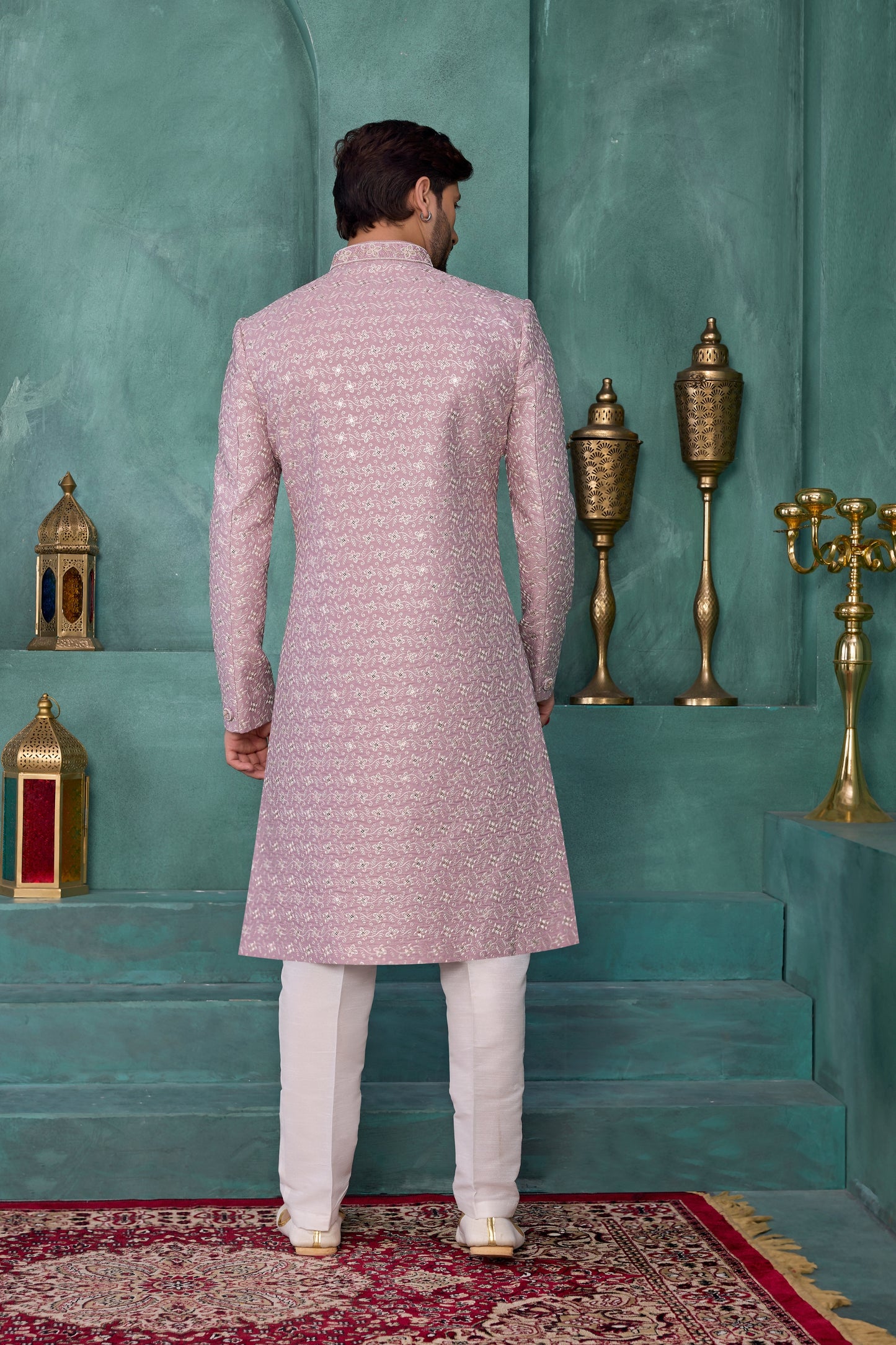 Handsome Pink and Off-White Art Silk Readymade Sherwani for Men with Thread Work