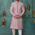 Handsome Pink and Off-White Art Silk Readymade Sherwani for Men with Thread Work