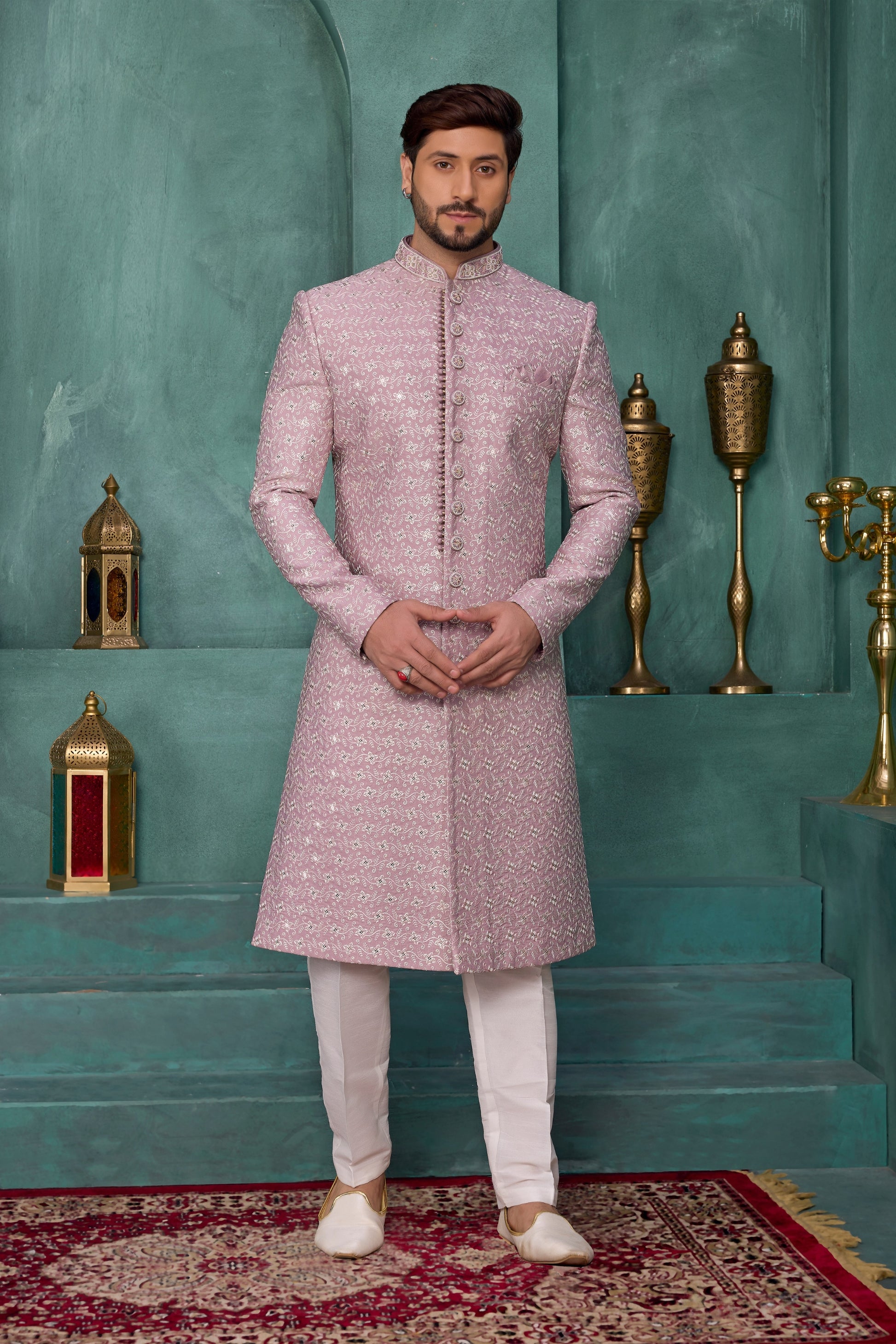 Handsome Pink and Off-White Art Silk Readymade Sherwani for Men with Thread Work