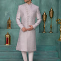 Stylish Grey and Off-White Art Silk Readymade Sherwani for Men with Thread Work
