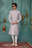 Stylish Grey and Off-White Art Silk Readymade Sherwani for Men with Thread Work