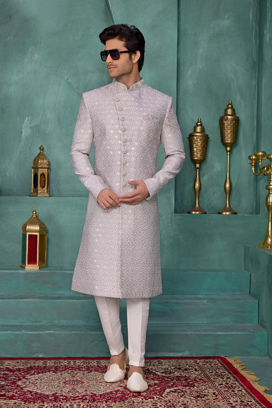 Stylish Grey and Off-White Art Silk Readymade Sherwani for Men with Thread Work