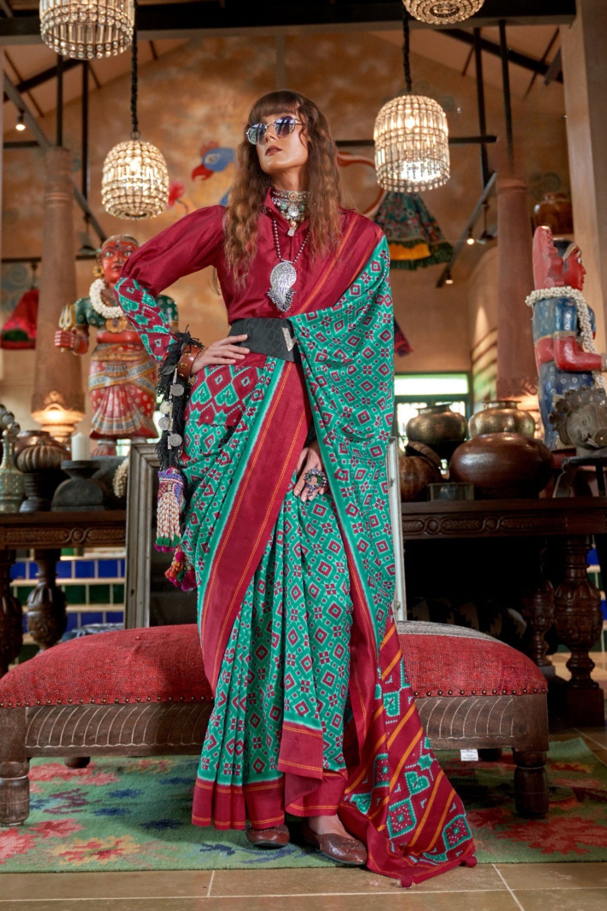 Traditional Green Maroon Patola Print Saree with Rich Pallu