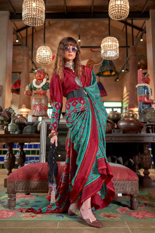 Traditional Green Maroon Patola Print Saree with Rich Pallu