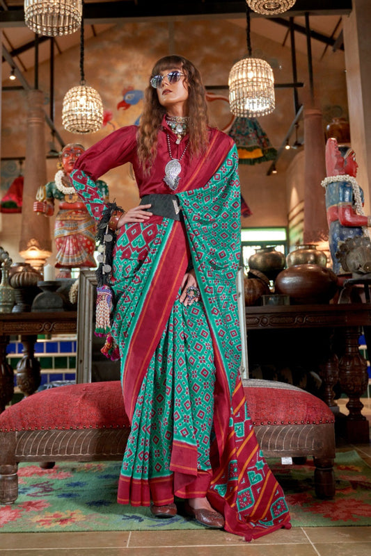 Traditional Green Maroon Patola Print Saree with Rich Pallu