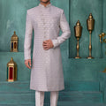 Stylish Grey and Off-White Art Silk Readymade Sherwani for Men with Thread Work