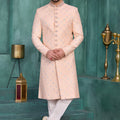 Lovely Peach and Off-White Art Silk Readymade Sherwani for Men with Thread Work