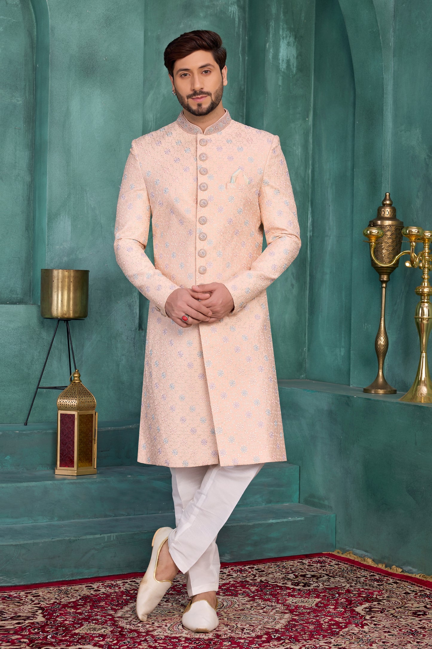 Lovely Peach and Off-White Art Silk Readymade Sherwani for Men with Thread Work