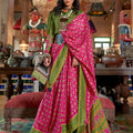 Traditional Pink Green Ikkat Silk Saree with Contrast Border