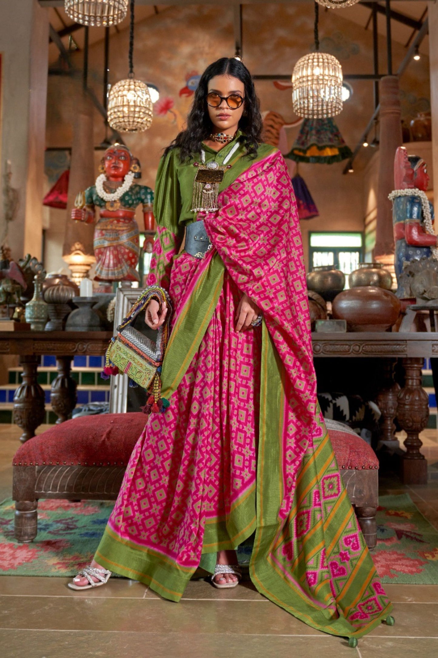 Traditional Pink Green Ikkat Silk Saree with Contrast Border