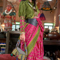 Traditional Pink Green Ikkat Silk Saree with Contrast Border