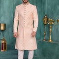 Lovely Peach and Off-White Art Silk Readymade Sherwani for Men with Thread Work