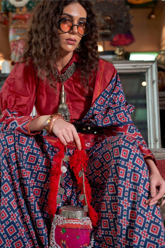 Blue Maroon Traditional Ikat Printed Cotton Saree with Designer Border