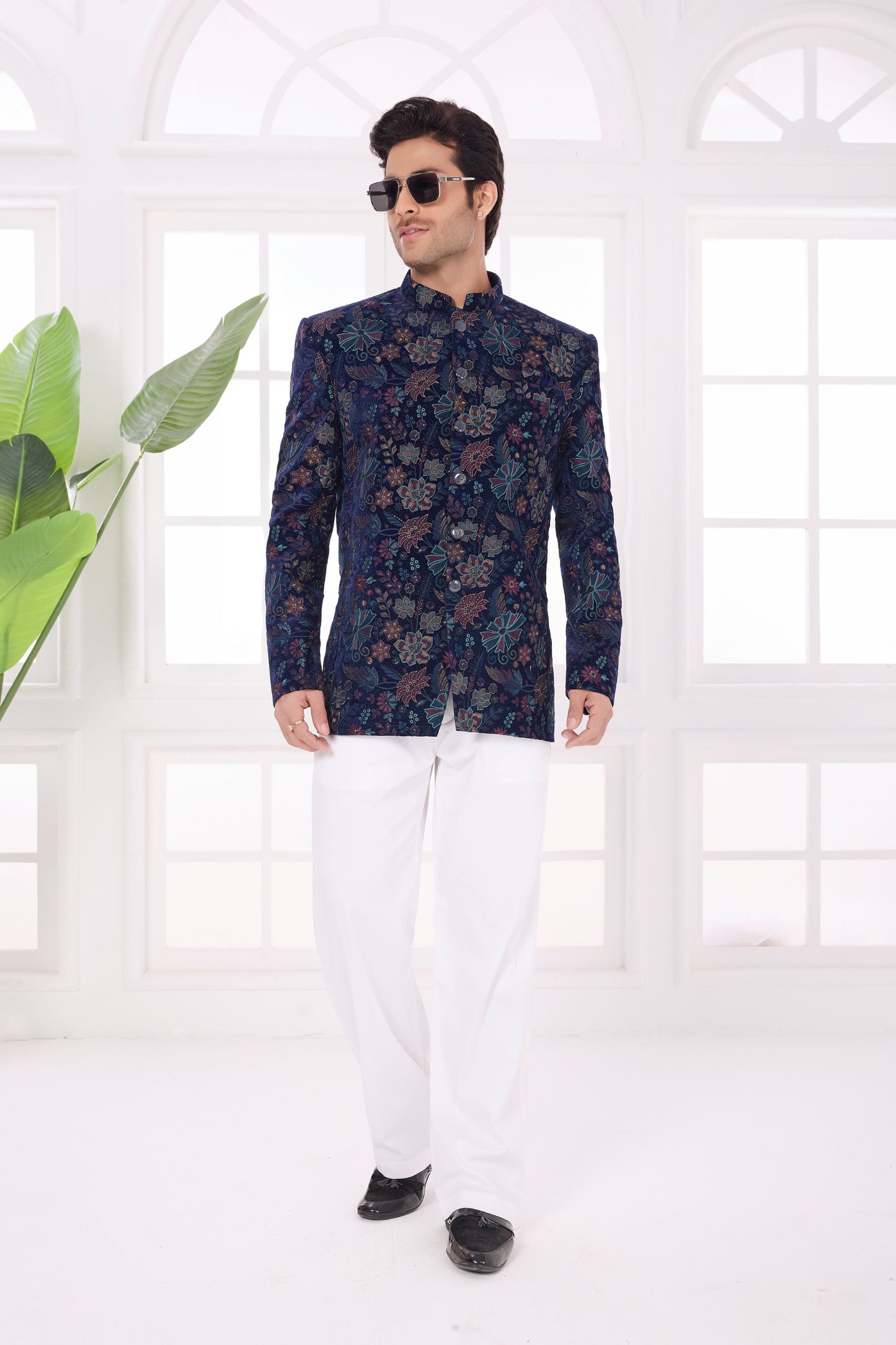 Designer Navy Blue Floral Jodhpuri Jacket Without Pant for Wedding