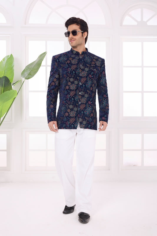 Designer Navy Blue Floral Jodhpuri Jacket Without Pant for Wedding