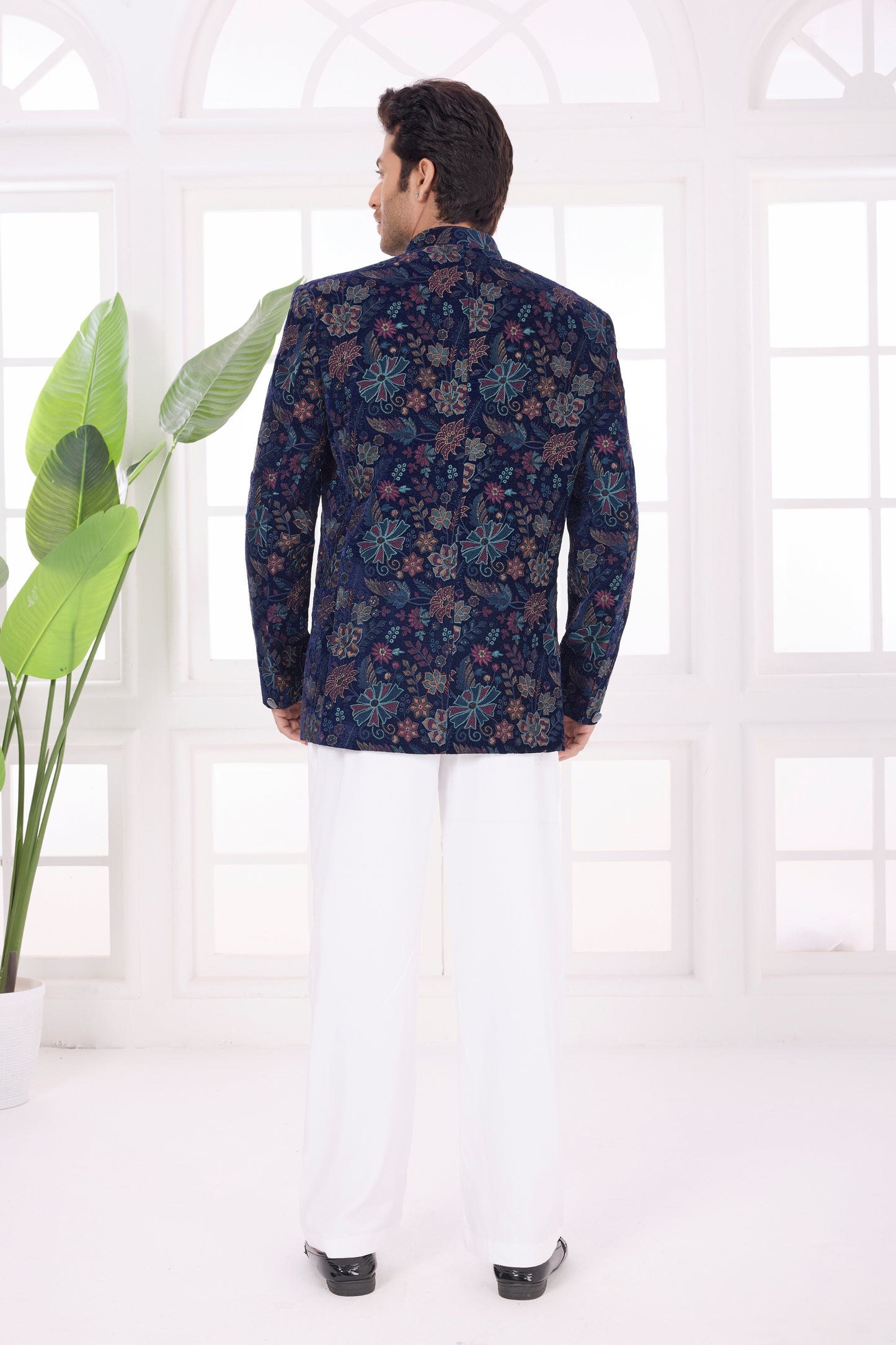 Designer Navy Blue Floral Jodhpuri Jacket Without Pant for Wedding