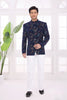 Designer Navy Blue Floral Jodhpuri Jacket Without Pant for Wedding