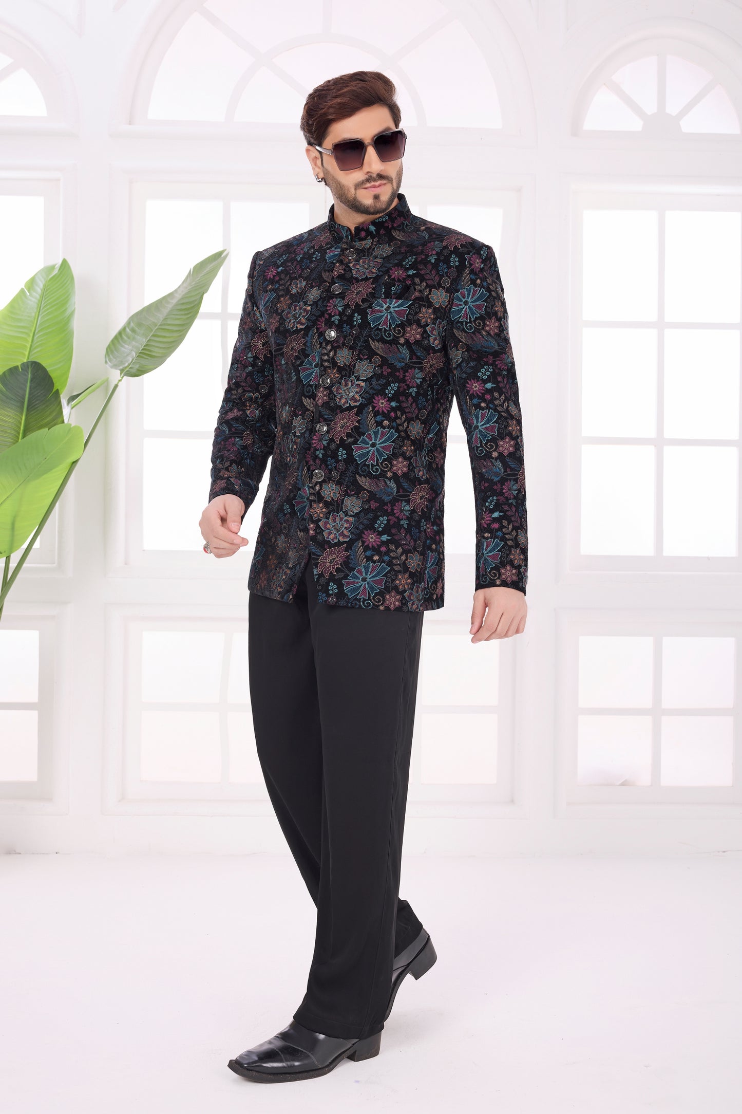 Trendy Black Floral Jodhpuri Jacket Without Pant for Wedding