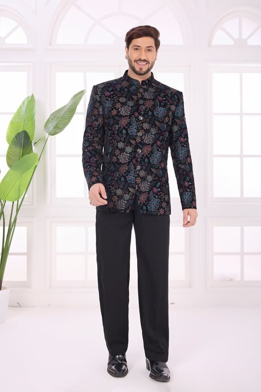 Trendy Black Floral Jodhpuri Jacket Without Pant for Wedding