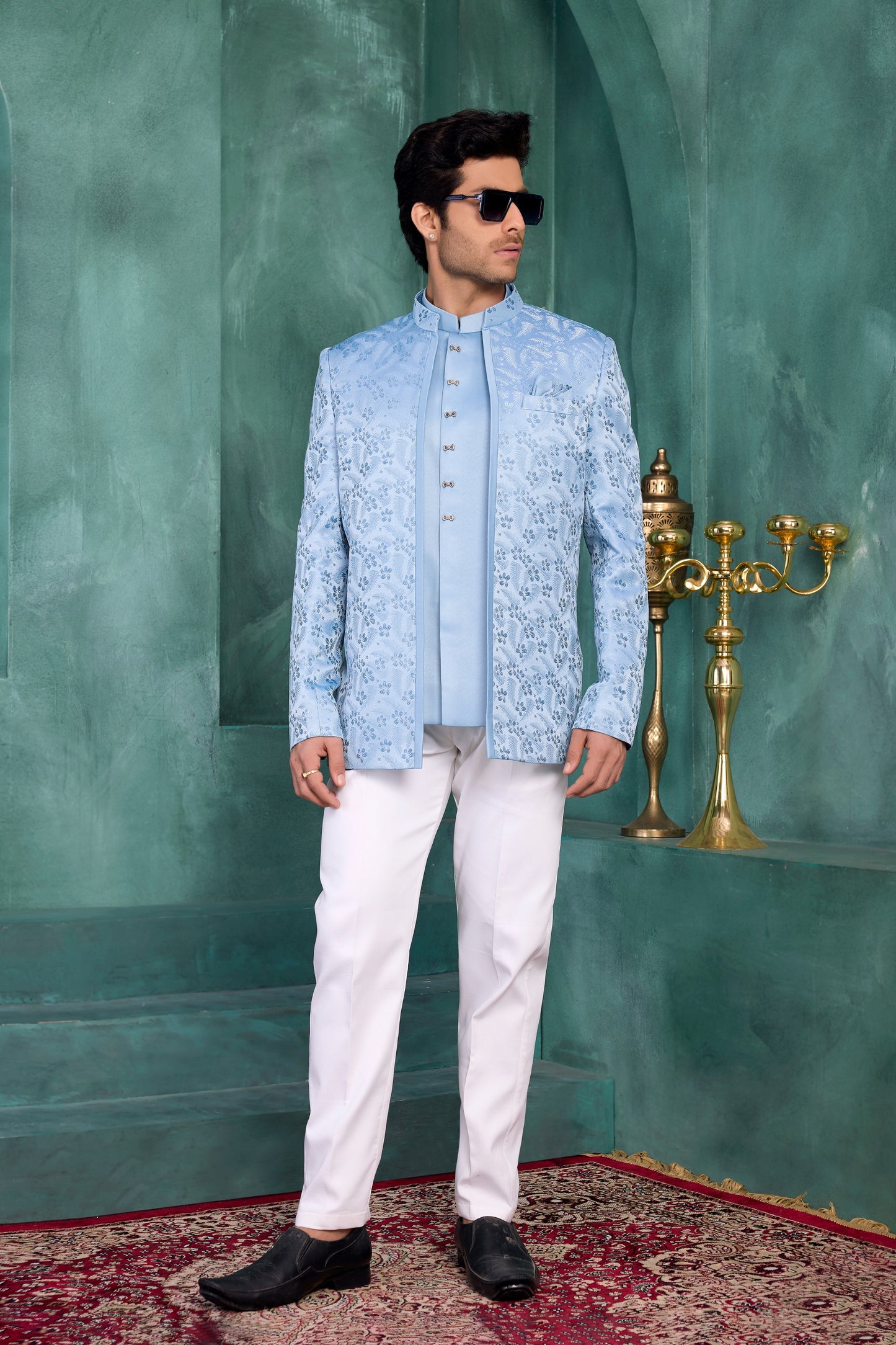 Lovely Sky Blue Floral Jodhpuri Jacket Without Pant for Wedding