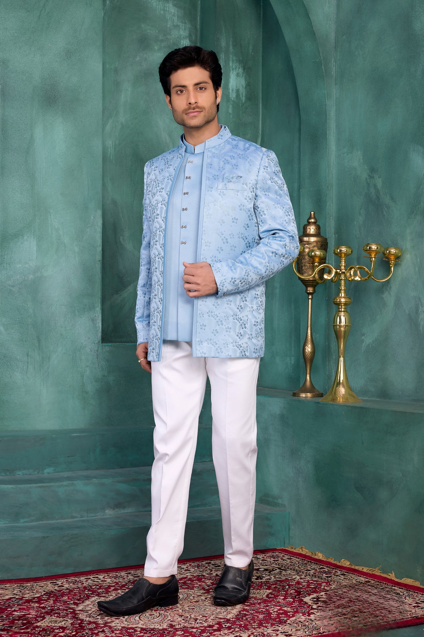 Lovely Sky Blue Floral Jodhpuri Jacket Without Pant for Wedding
