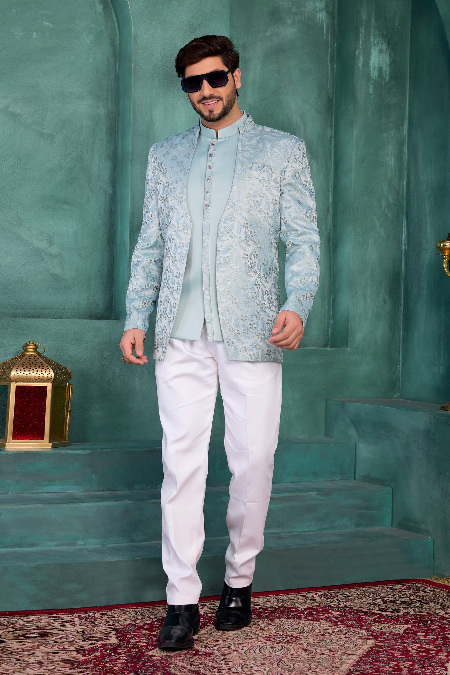 Royal Mint Green Floral Jodhpuri Jacket Without Pant for Wedding