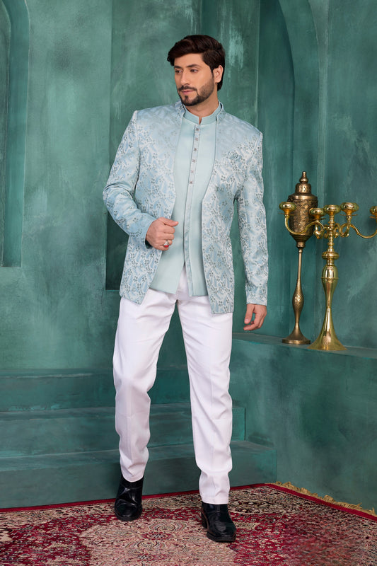 Royal Mint Green Floral Jodhpuri Jacket Without Pant for Wedding