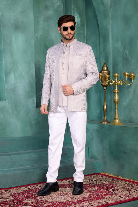Impressive Grey Floral Jodhpuri Jacket Without Pant for Wedding