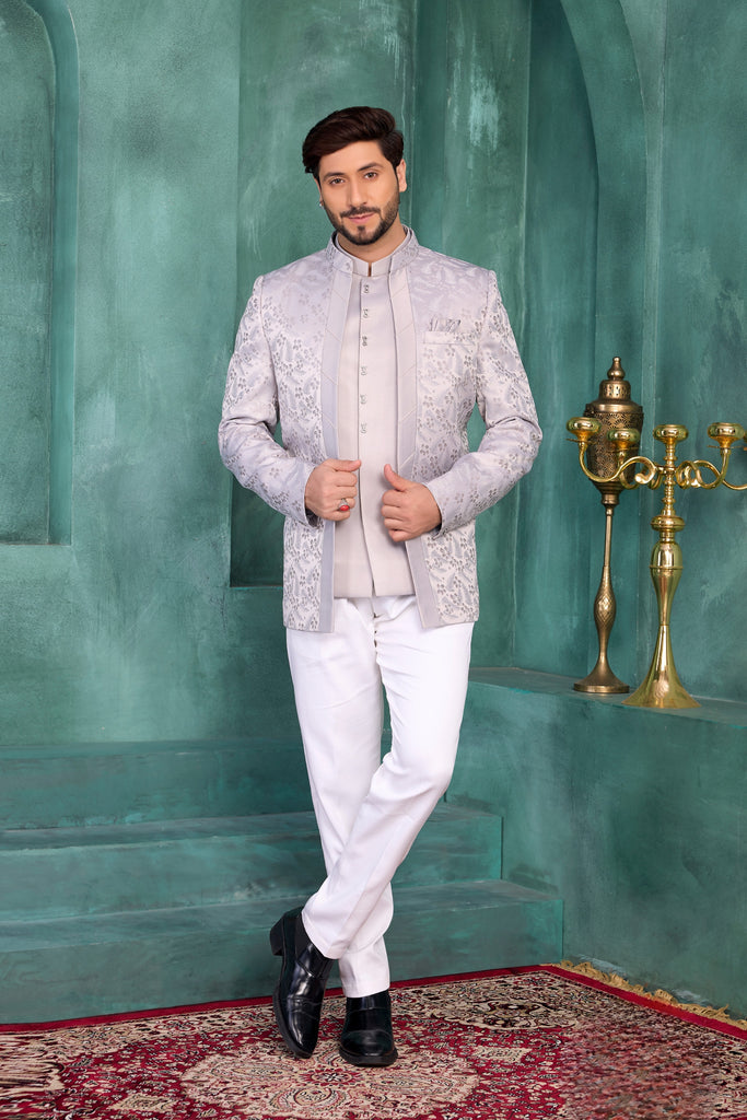 Impressive Grey Floral Jodhpuri Jacket Without Pant for Wedding