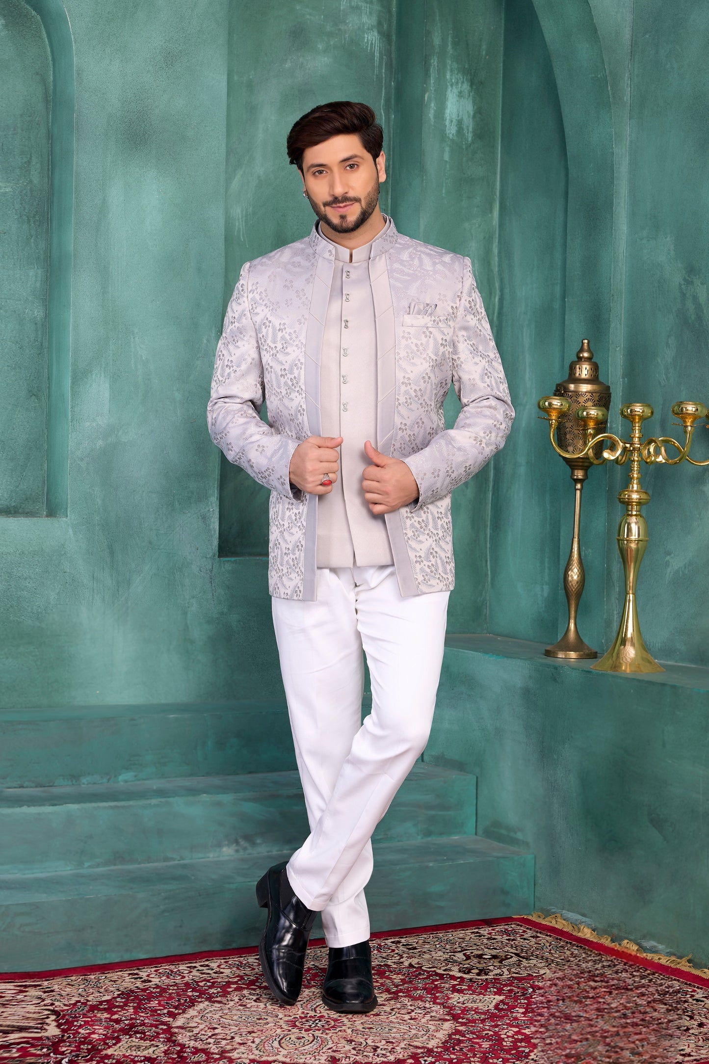 Impressive Grey Floral Jodhpuri Jacket Without Pant for Wedding