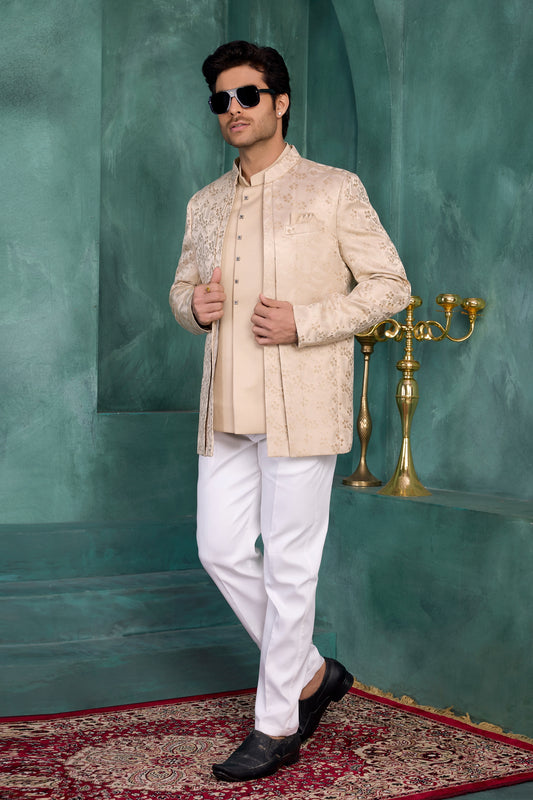 Elegant Cream Floral Jodhpuri Jacket Without Pant for Wedding