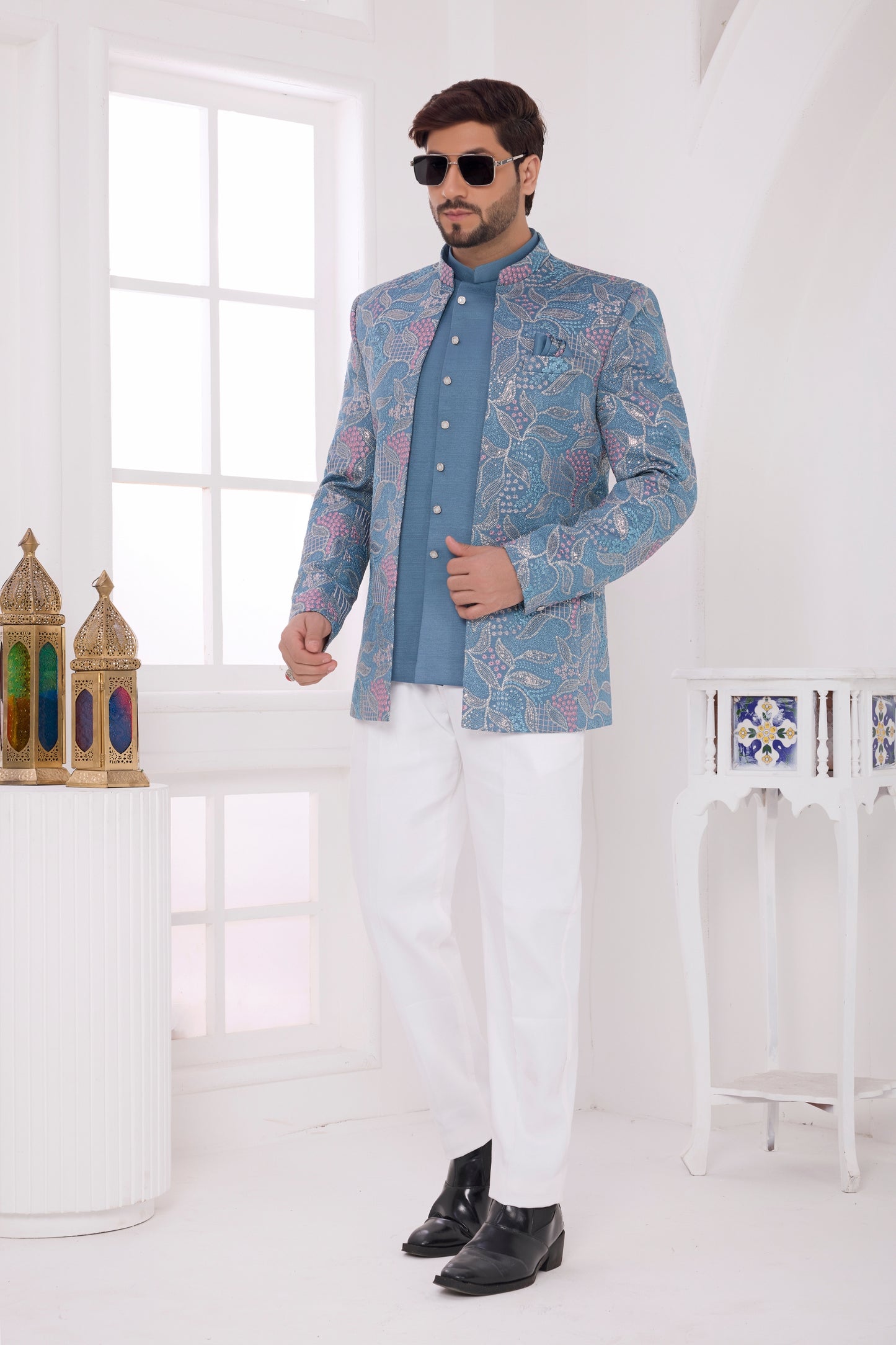 Refreshing Blue Floral Jodhpuri Jacket Without Pant for Wedding