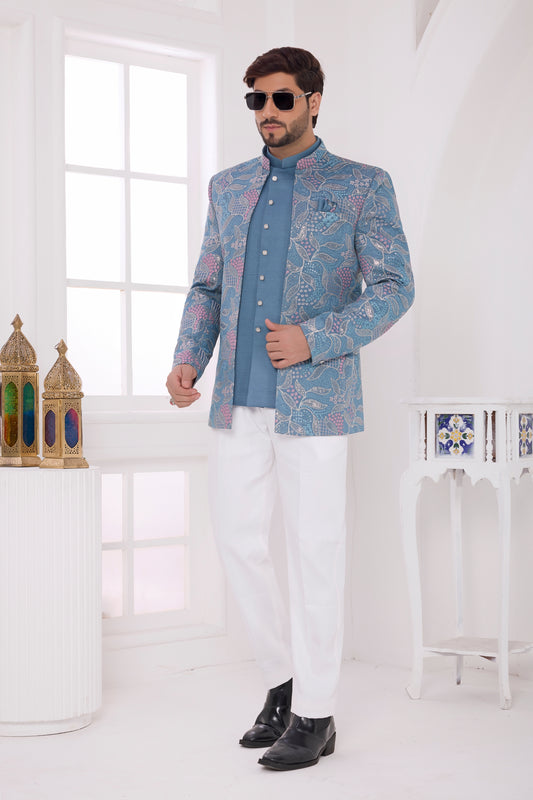 Refreshing Blue Floral Jodhpuri Jacket Without Pant for Wedding