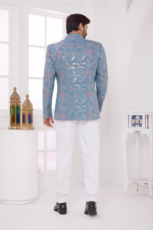 Refreshing Blue Floral Jodhpuri Jacket Without Pant for Wedding