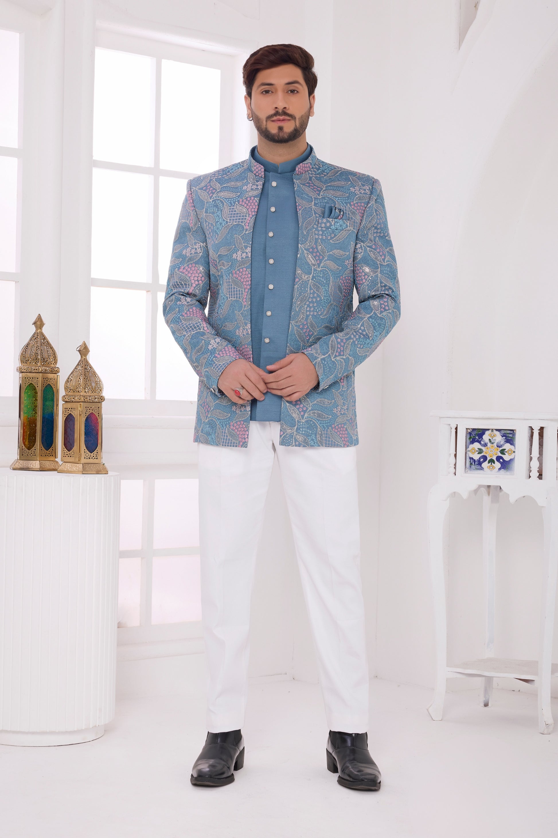 Refreshing Blue Floral Jodhpuri Jacket Without Pant for Wedding
