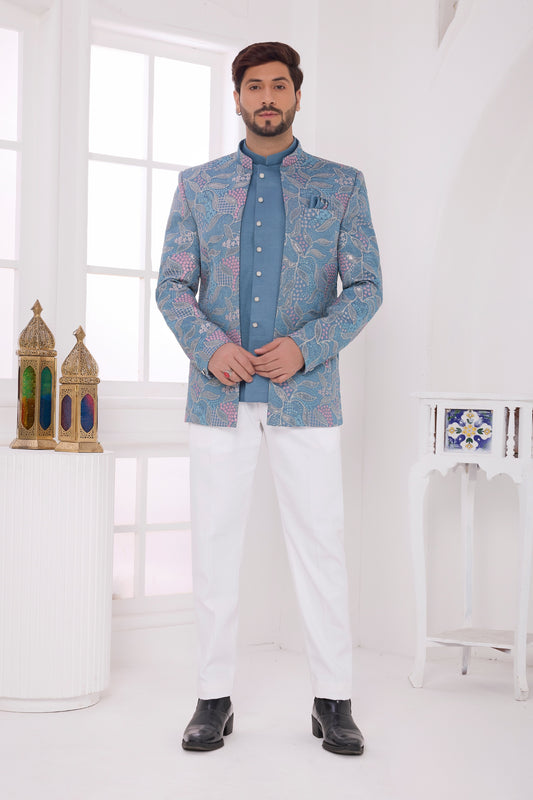 Refreshing Blue Floral Jodhpuri Jacket Without Pant for Wedding